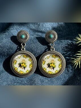 Artisan Fruit Motif Drop Earrings in Turquoise and Yellow